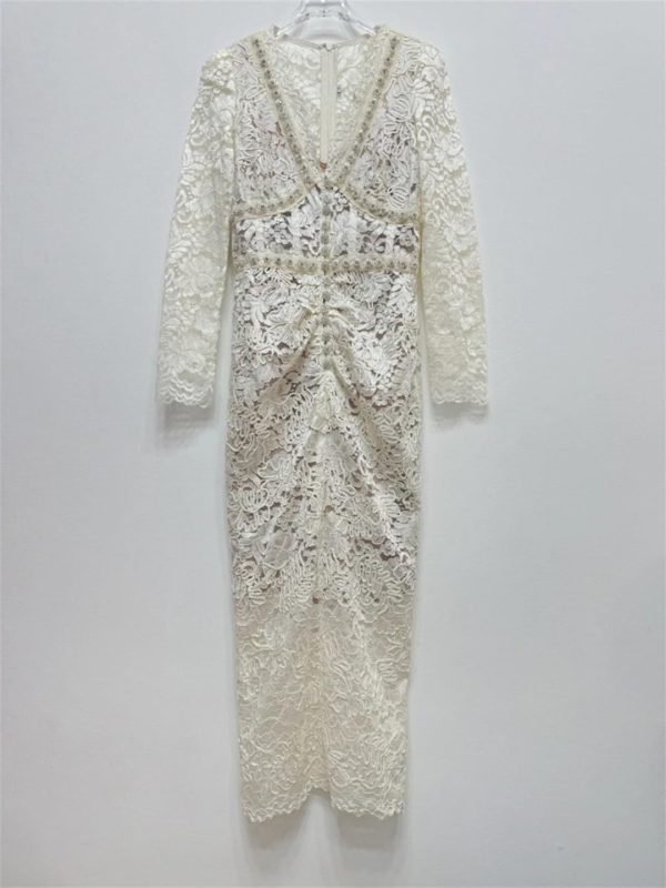 Women V Neck Long Sleeve High Waist Spliced Diamond Elegant Sexy Hollow Out Lace Slimming Dress