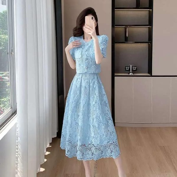Summer Flower Embroidery Lace Two Piece Sets Women Tops
