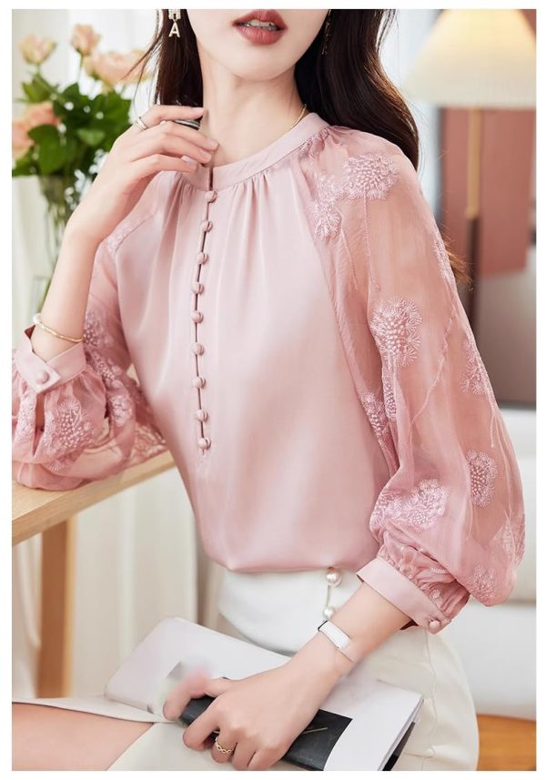 Ladies' Summer Casual Chiffon Top Long-Sleeved Office Travel Lightweight Blouse for Women