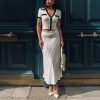 Women's Knitted Slim Elegant 2 Piece Set Single Button V Neck Short Sleeve Top and Pleated a Line Solid Color Skirt Suit