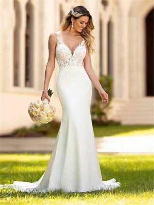 Women's Mermaid Wedding Dresses for Bride 2024 Boho Long Lace Bridal Gowns for Wedding YMSWD01