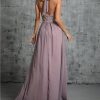 Women Elegant Pleated Strap V-Neck Chiffon Top Lace Split Skirt Evening Dresses Ball Party Dress