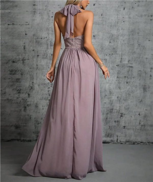 Women Elegant Pleated Strap V-Neck Chiffon Top Lace Split Skirt Evening Dresses Ball Party Dress