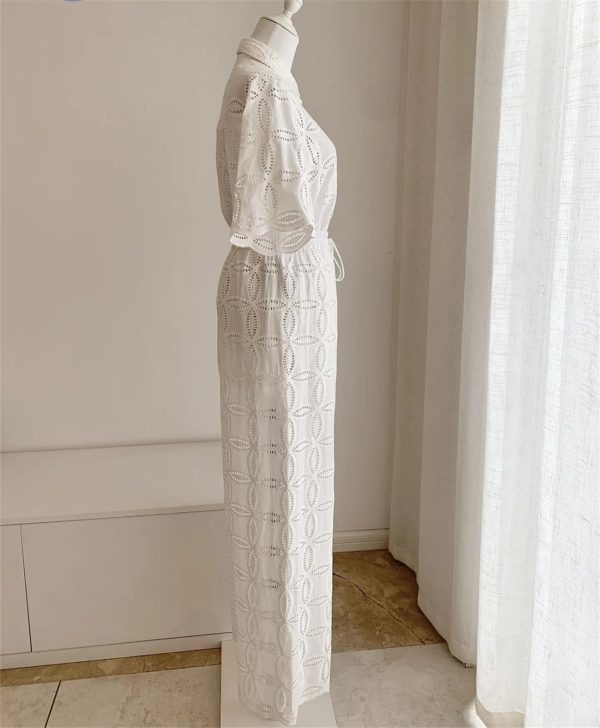 Women's Embroidered Cotton Set - White Hollow Out Shirt & Elastic Waist Pants