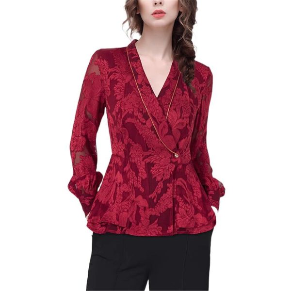 Ladies' Summer Long-Sleeved Chiffon Top V-Neck for Barbecues Movie Nights Parks Slimming Blouse for Women