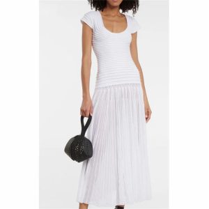 Women's Striped U-Neck Maxi Dress - Ruched High Waist A-Line Knitted Long Dress