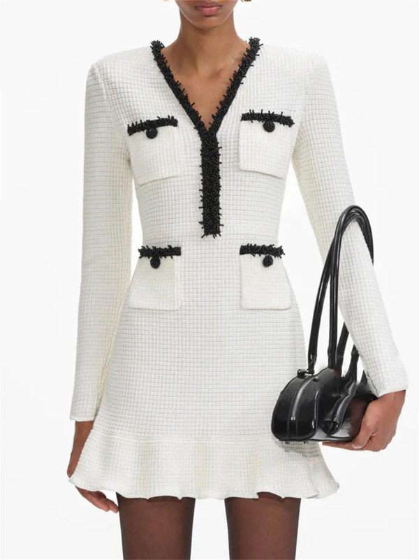 Women's Slimming Patchwork Mini Dress - V-Neck Long Sleeve High Waist Spring Pocket Dress