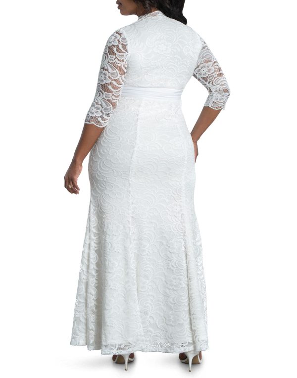 Women's Plus Size Amour Long Lace Wedding Gown, Bridal Dress with 3/4 Long Sleeves in Ivory Vintage-Inspired Lace