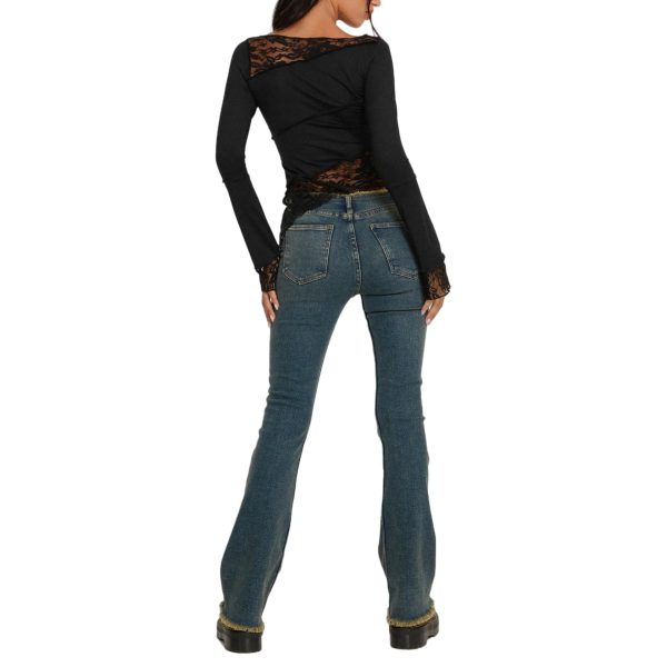 617hBjgx30L.jpg Women's Asymmetrical Sheer Lace T Shirt Sexy Slim Fit Long Sleeve Blouse Boat Neck Crop Top Tees