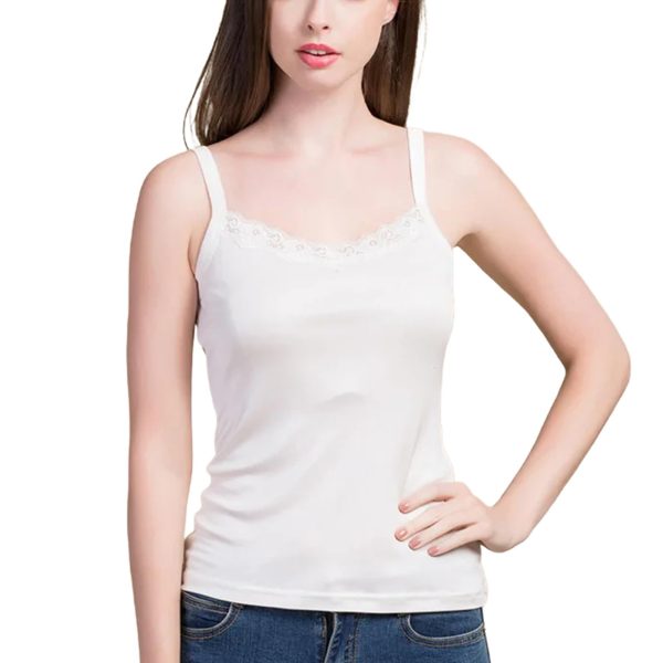 Women’s 100 Percent Mulberry Silk Knit Lace Camisole Vest Sleepwear with Straps