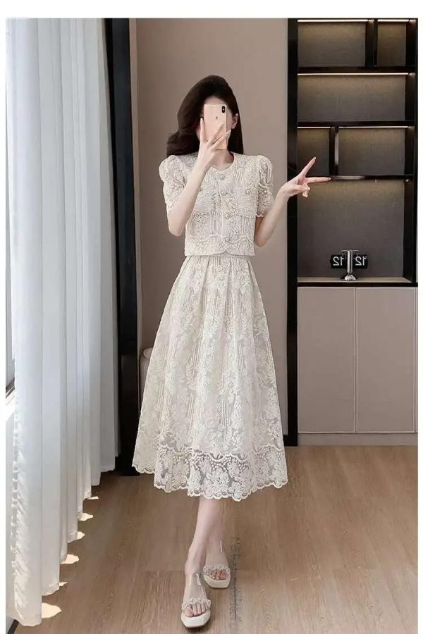 Summer Flower Embroidery Lace Two Piece Sets Women Tops