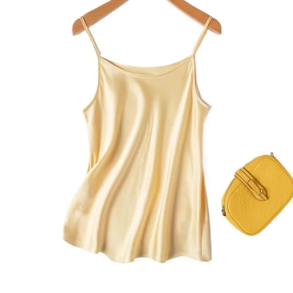 Women’s 100 Percent Mulberry Silk Satin Diagonal Cut Solid Color Sexy Inner Strap Tank Top
