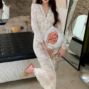 Women V Neck Long Sleeve High Waist Spliced Diamond Elegant Sexy Hollow Out Lace Slimming Dress