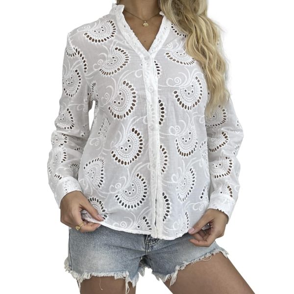 Women's Dressy Causal Tops Long Sleeve V Neck Eyelet Cute Button Down Shirts for Women