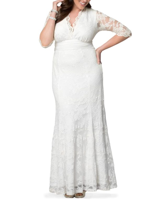 Women's Plus Size Amour Long Lace Wedding Gown, Bridal Dress with 3/4 Long Sleeves in Ivory Vintage-Inspired Lace
