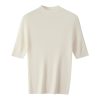 Women Short Sweater Fine Wool O Neck Pullover Vertical Stripe Half Sleeve Knitted Tops
