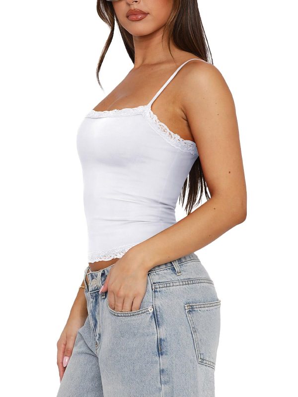 Women's Sexy Square Neck Lace Cami Tank Tops Fitted Double Lined Sleeveless Crop Spaghetti Strap Summer Y2k Tops