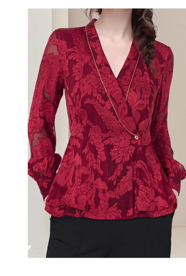 Ladies' Summer Long-Sleeved Chiffon Top V-Neck for Barbecues Movie Nights Parks Slimming Blouse for Women