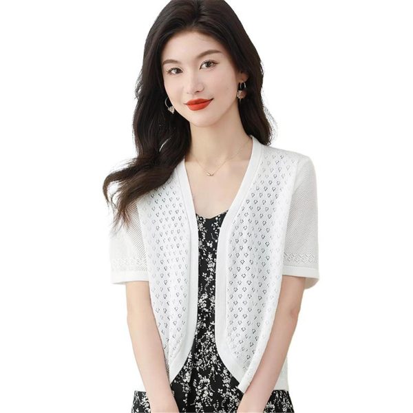 Women's Knitwear Ice Silk Shawl Summer Short Sleeve Cardigan Hollow Out Casual Top
