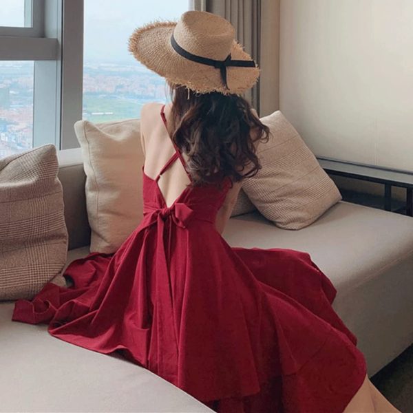 Beach Dresses Beach Skirt Female Super Fairy Photo Travel Clothes Small Seaside Vacation Red Suspender Dress Bikini
