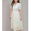 Women Beige Dress Gentle Style Short Sleeve V-Neck Long Lace Lyocell Dresses Solid Vestidos