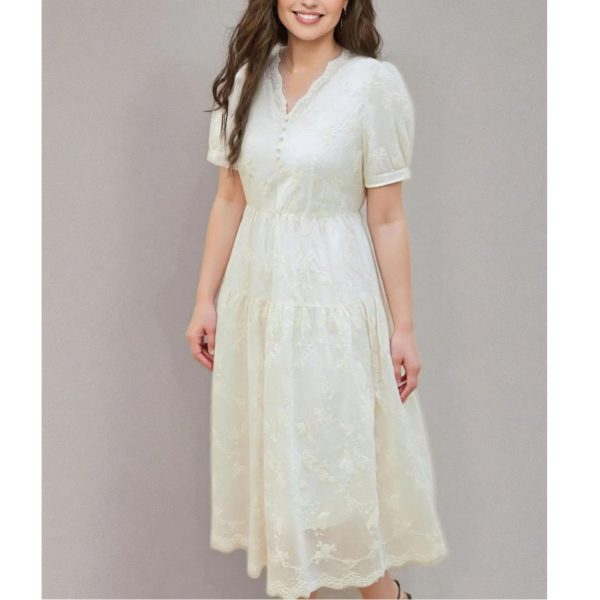 Women Beige Dress Gentle Style Short Sleeve V-Neck Long Lace Lyocell Dresses Solid Vestidos