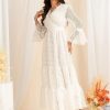Women's White Hollow Lace Splicing Big Swing Dress Casual Flowy Beach Vacation Maxi Dresses