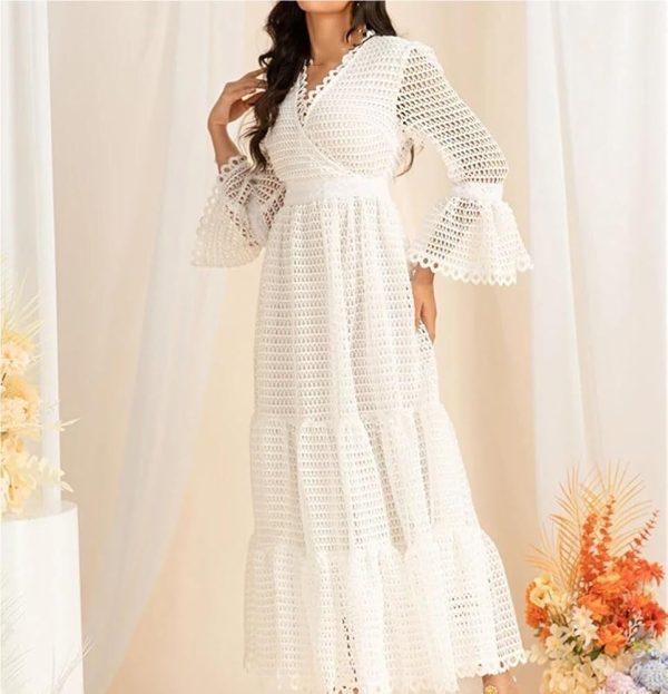 Women's White Hollow Lace Splicing Big Swing Dress Casual Flowy Beach Vacation Maxi Dresses