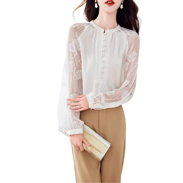 Ladies' Summer Casual Chiffon Top Long-Sleeved Office Travel Lightweight Blouse for Women