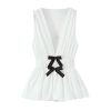 Women Bow‑Trim Deep V‑Neck Vest, Textured Elastic Waist Top