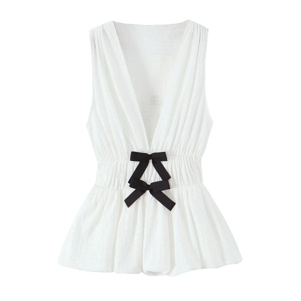 Women Bow‑Trim Deep V‑Neck Vest, Textured Elastic Waist Top