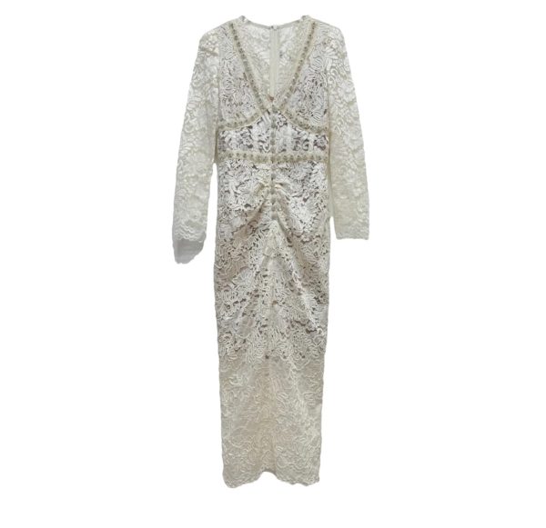Women V Neck Long Sleeve High Waist Spliced Diamond Elegant Sexy Hollow Out Lace Slimming Dress