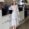 Runway Women Pleated Party Dress Spring V Neck Lantern Sleeve Chiffon Patchwork Lace Bodycon Slim Long Dress