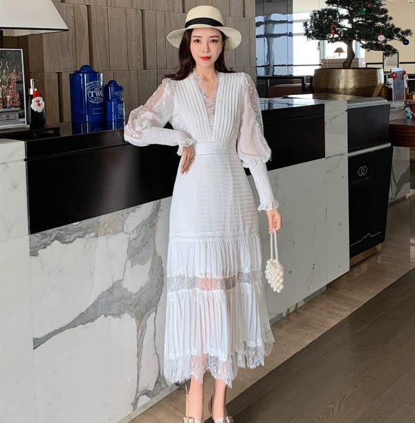 Runway Women Pleated Party Dress Spring V Neck Lantern Sleeve Chiffon Patchwork Lace Bodycon Slim Long Dress