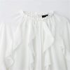 Women's White Ruffled Blouse with Elasticated Neckline Long Puff Sleeves Delicate Lace Trim Tops