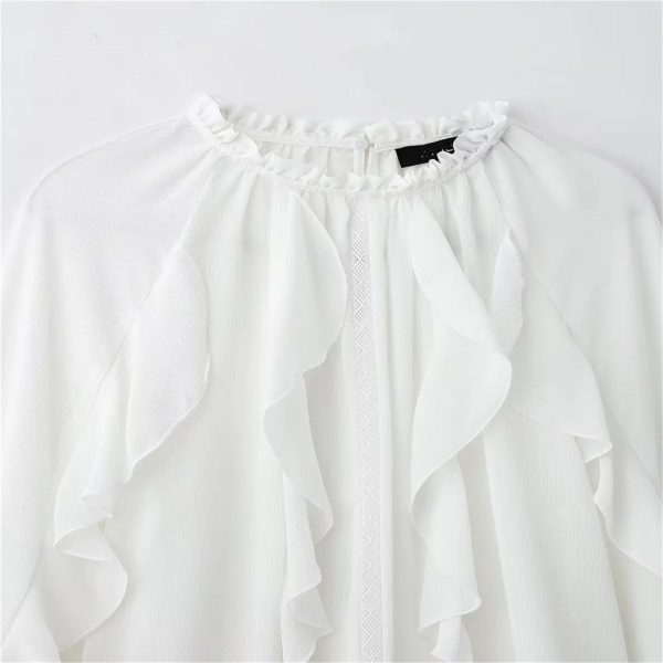 61E4QULwvL.jpg Women's White Ruffled Blouse with Elasticated Neckline Long Puff Sleeves Delicate Lace Trim Tops