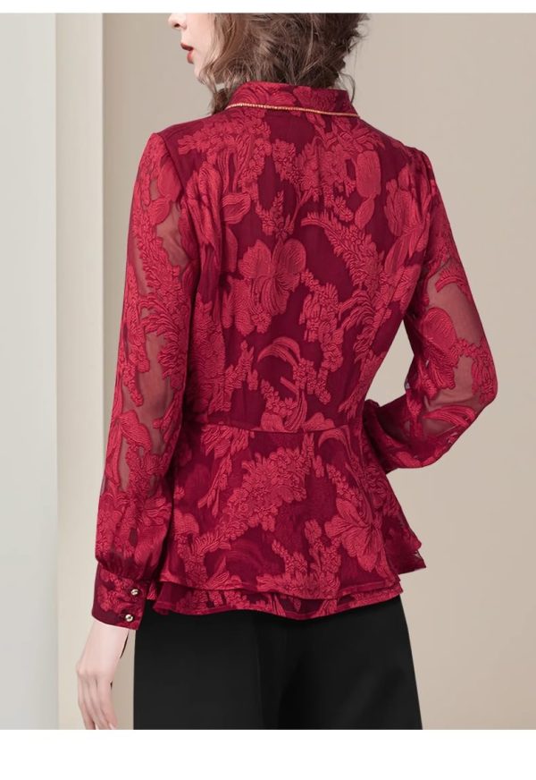 Ladies' Summer Long-Sleeved Chiffon Top V-Neck for Barbecues Movie Nights Parks Slimming Blouse for Women