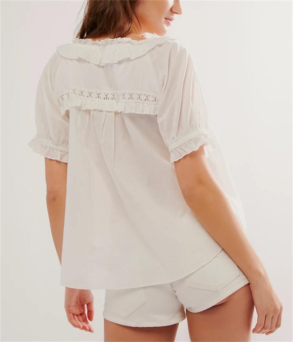 Women Lace Trim Cardigan Shirt Short Sleeve Button Down Ruffle Hem Blouse Summer Boho Tops Y2K Going Out Tops