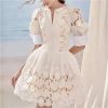 Women’s V Neck Puff Half Sleeve Ball Gown Dress Solid Intricate Floral Lace Slim Fit Dresses for Travel