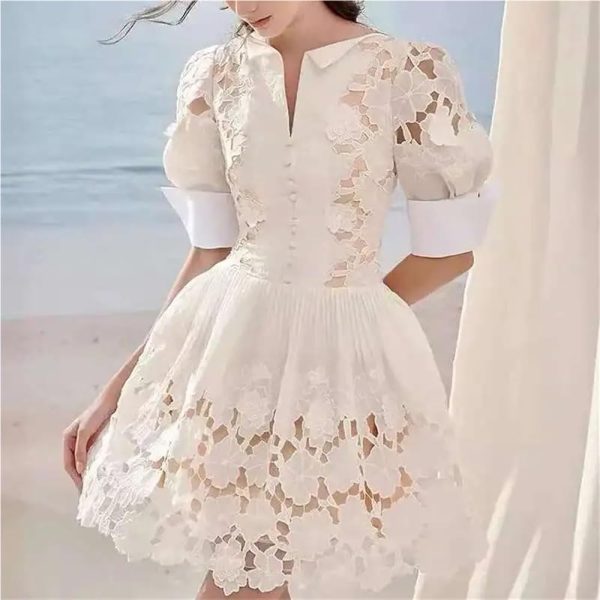 61F0jirh8bL.jpg Women’s Dress V-Neck Puff Half Sleeve Summer Ball Gown Casual Solid Floral Lace Slim Fit Dresses