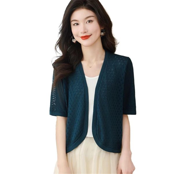 Women's Knitwear Ice Silk Shawl Summer Short Sleeve Cardigan Hollow Out Casual Top