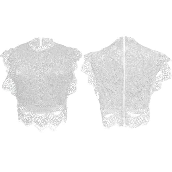 Women's Hollowed Lace Blouse Soft Sleeveless Ruffle Trim Elegant Summer Shirt Tops