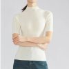 Women Short Sweater Fine Wool O Neck Pullover Vertical Stripe Half Sleeve Knitted Tops