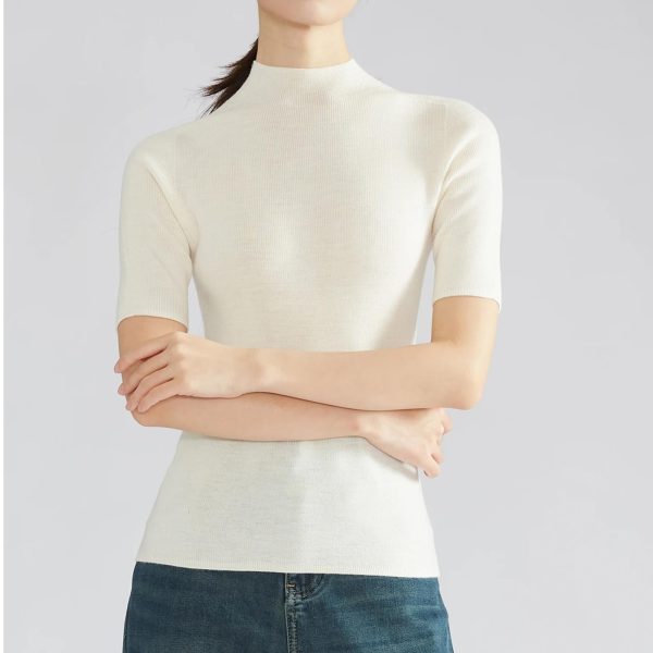 Women Short Sweater Fine Wool O Neck Pullover Vertical Stripe Half Sleeve Knitted Tops