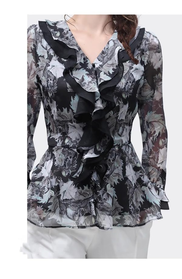 Ladies' Lightweight Chiffon Shirt Long-Sleeved for Summer Work and Travel Printed Top Blouse for Women