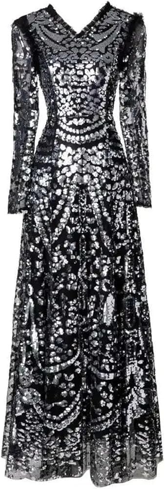 Women Contrast Sequin Lace V Neck Long Sleeve Party Gown A Line Zipper Casual Dress