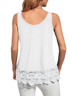 Women's Lace Hem Boat Neck Sleeveless Swing Trim Loose Tank Tops Blouse