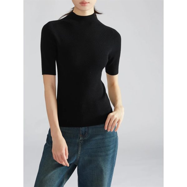 Women Short Sweater Fine Wool O Neck Pullover Vertical Stripe Half Sleeve Knitted Tops