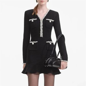 Women's Slimming Patchwork Mini Dress - V-Neck Long Sleeve High Waist Spring Pocket Dress