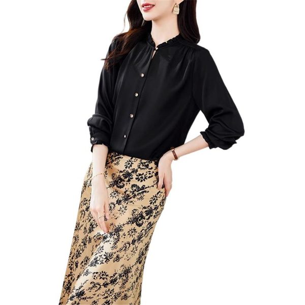 Ladies' Summer Long-Sleeved Chiffon Top Elegant for Travel Office Flowing Work Blouse for Women